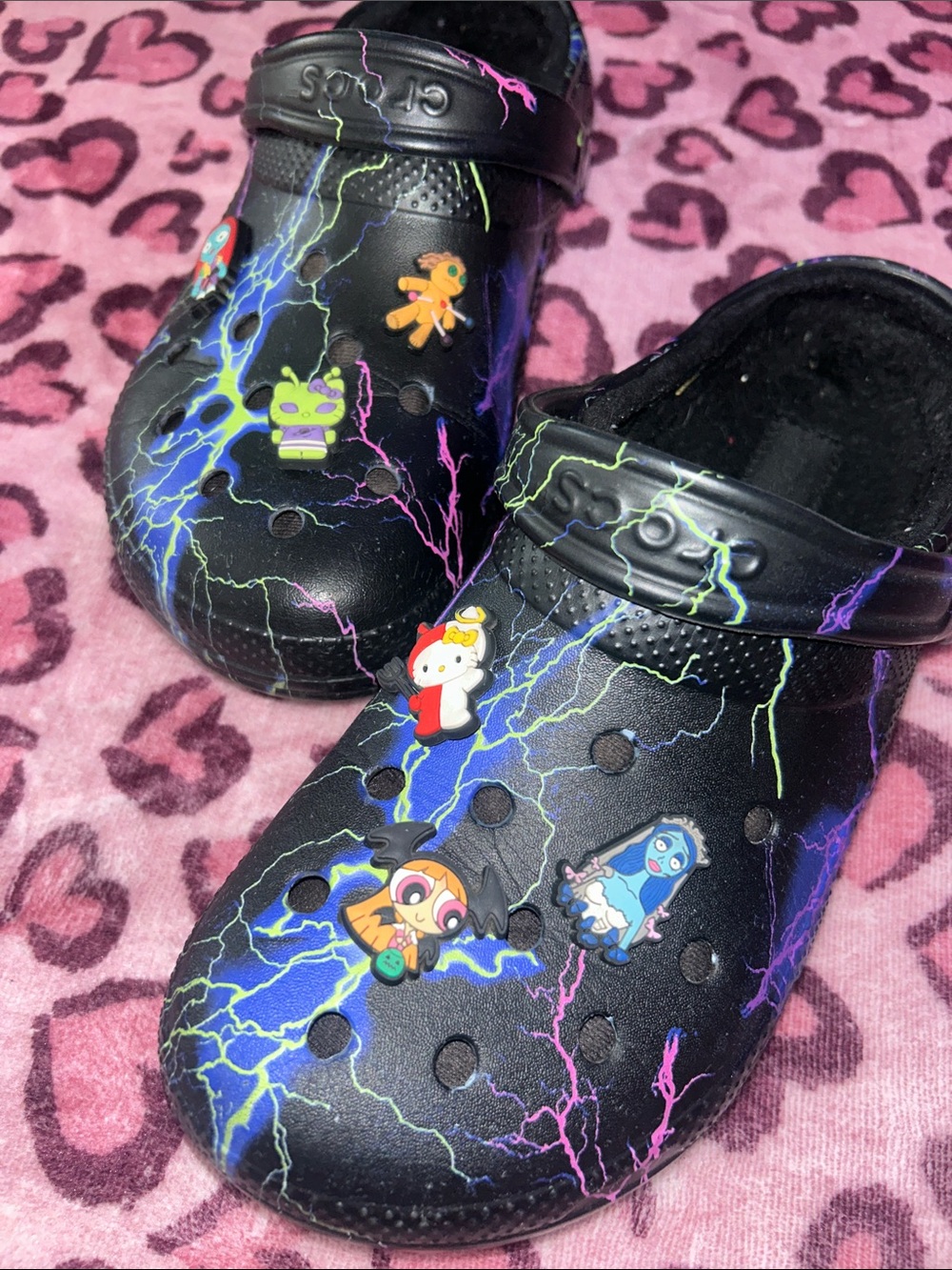 CROCS Black neon Lightning Print fur lined Clogs with Colorful Jibbitz